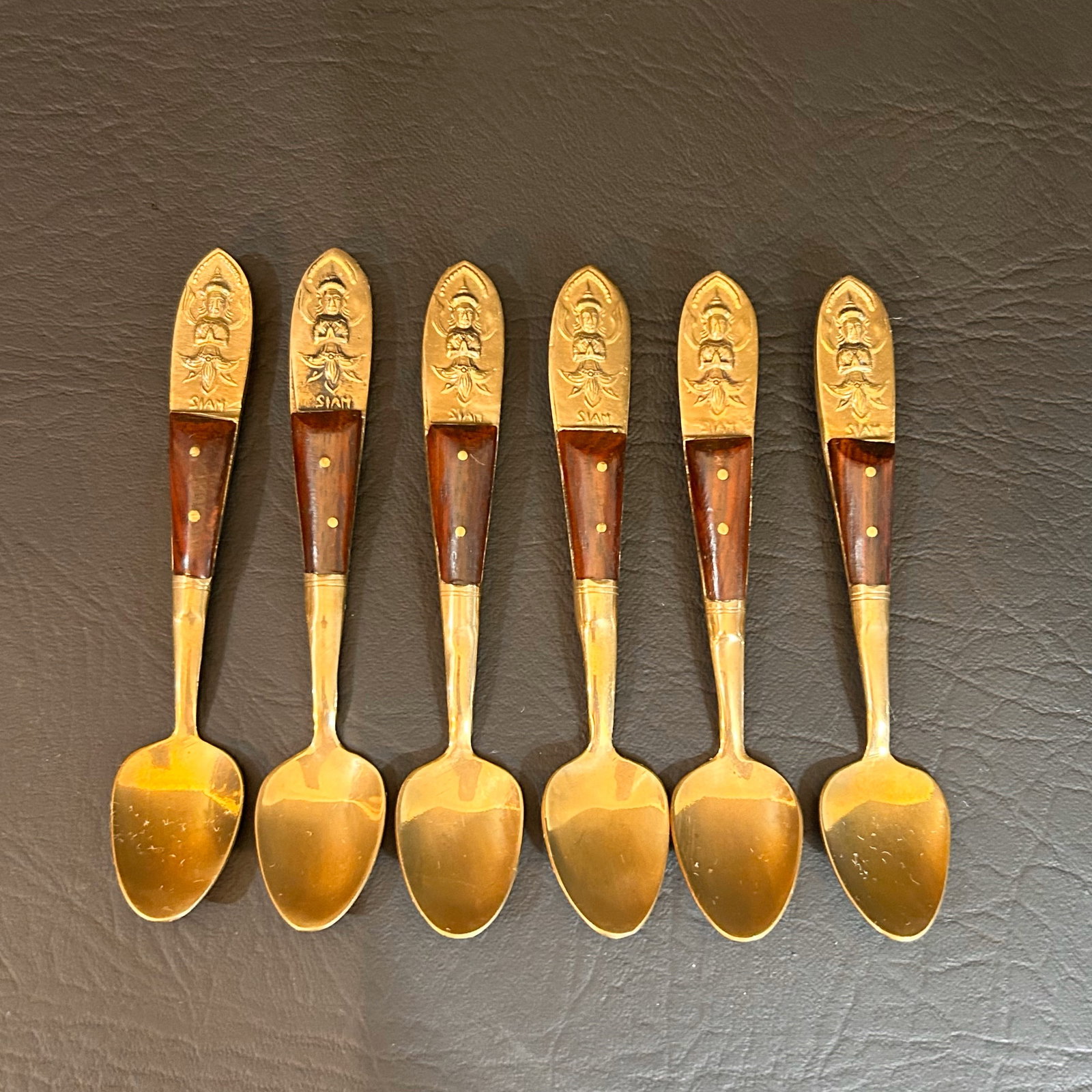 Midcentury 1950's Vintage Thai Demitasse Spoon Set, Brass with Rosewood Handles, Buddha Design: BOX W5.5in D 4.25 H1in