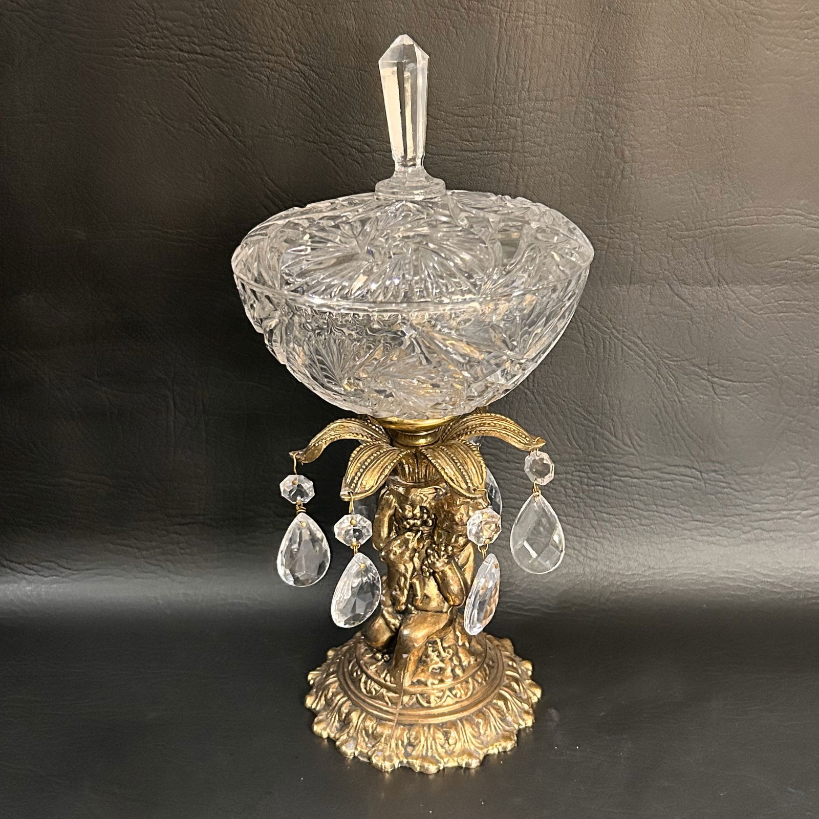 Midcentury Hollywood Regency Cut Crystal Candy Dish Centerpiece with Cherub Design Brass Base & (1 of 6)