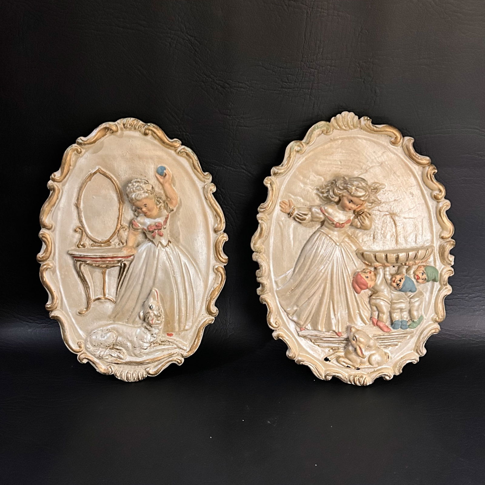 Vintage Chalkware Oval Plaques with Children & Animal Design (1 of 4)