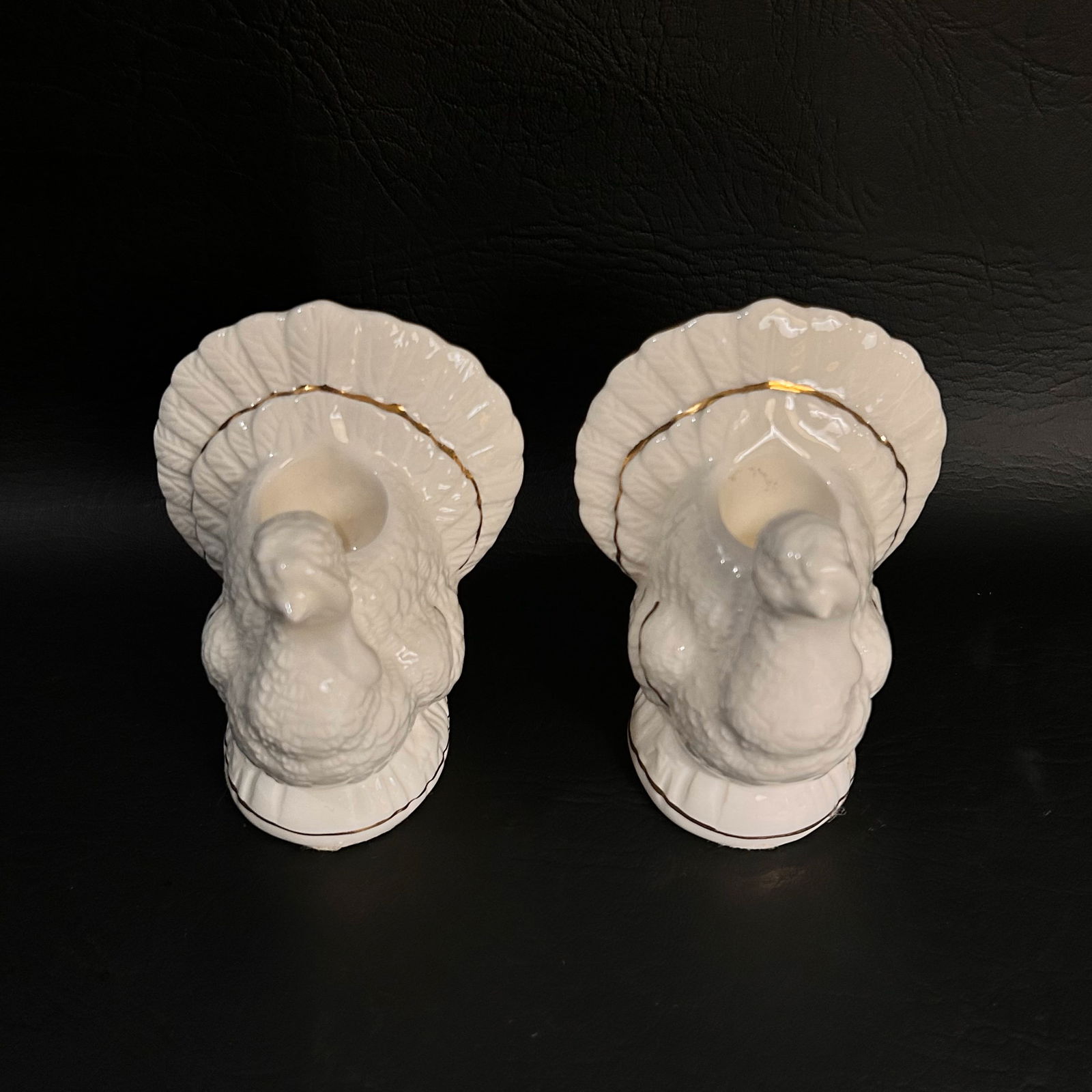Vintage White Ceramic Turkey Taper Candleholder Pair with Gold Rim (1 of 5)