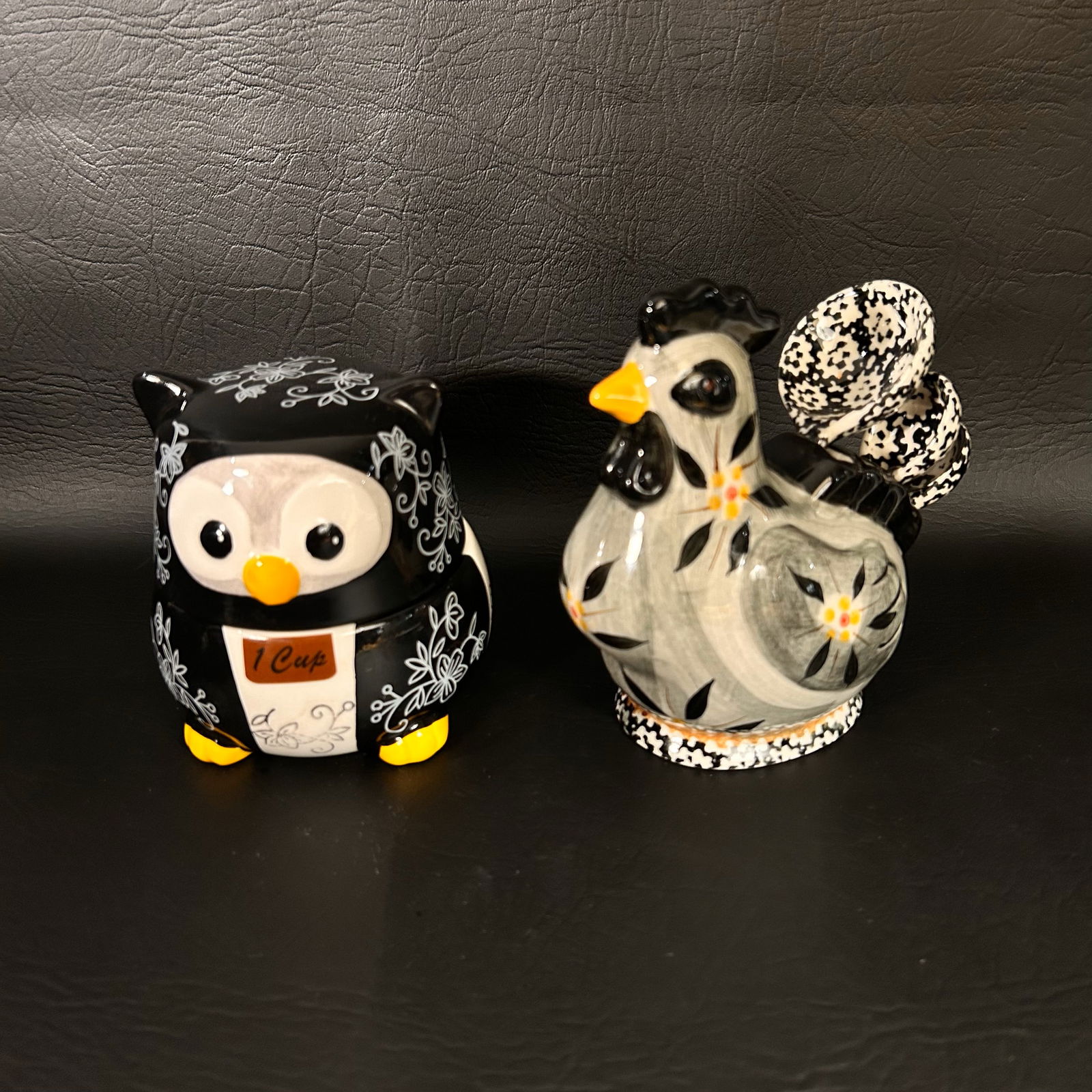 Temptations Old World Ceramic Rooster & Owl measuring Kitchenware Set: Owl W4.5in H4.5in, Rooster W6in D3.5in H6in