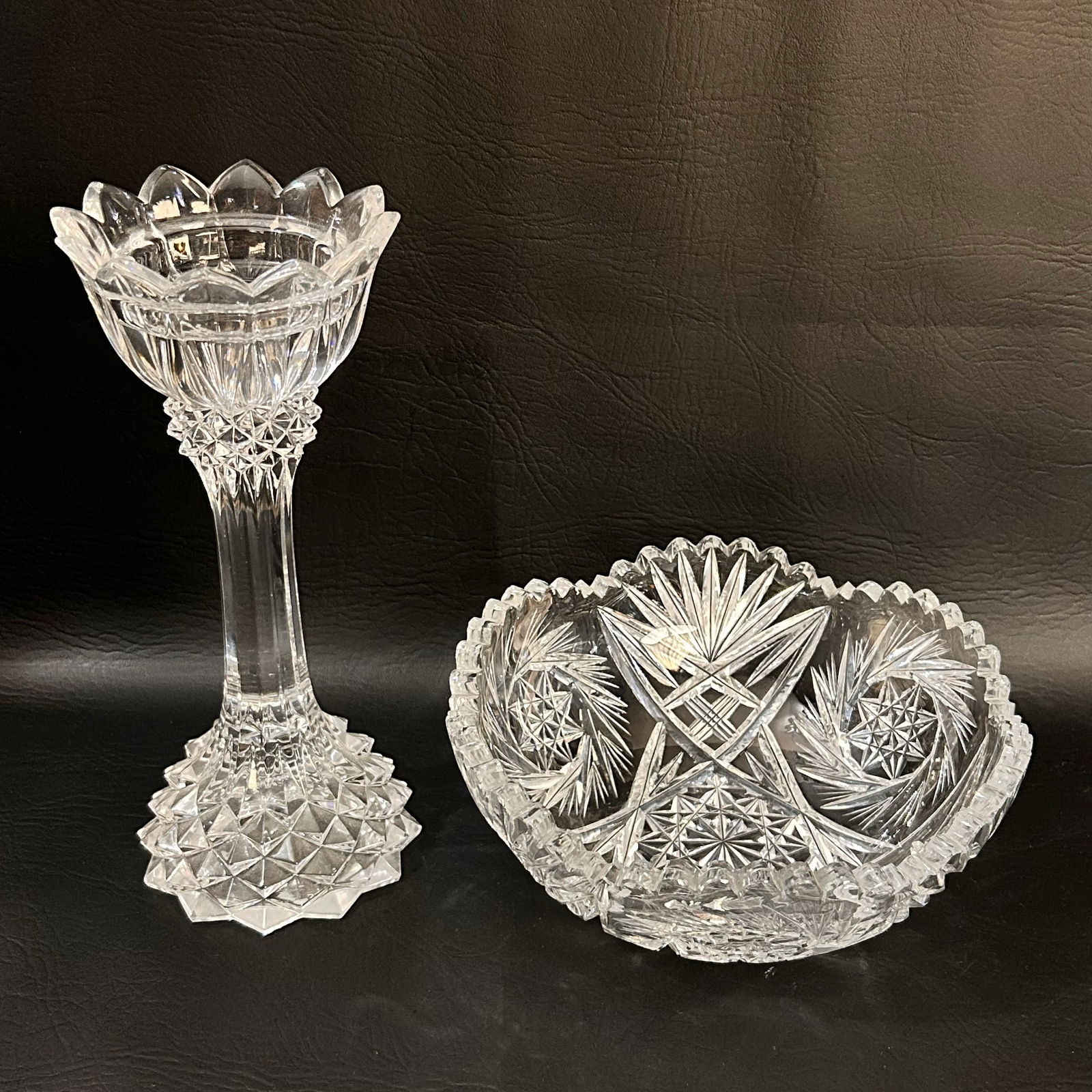 Vintage Cut Crystal Display Pair, Serving Bowl and Tall Taper Candle Holder (1 of 4)