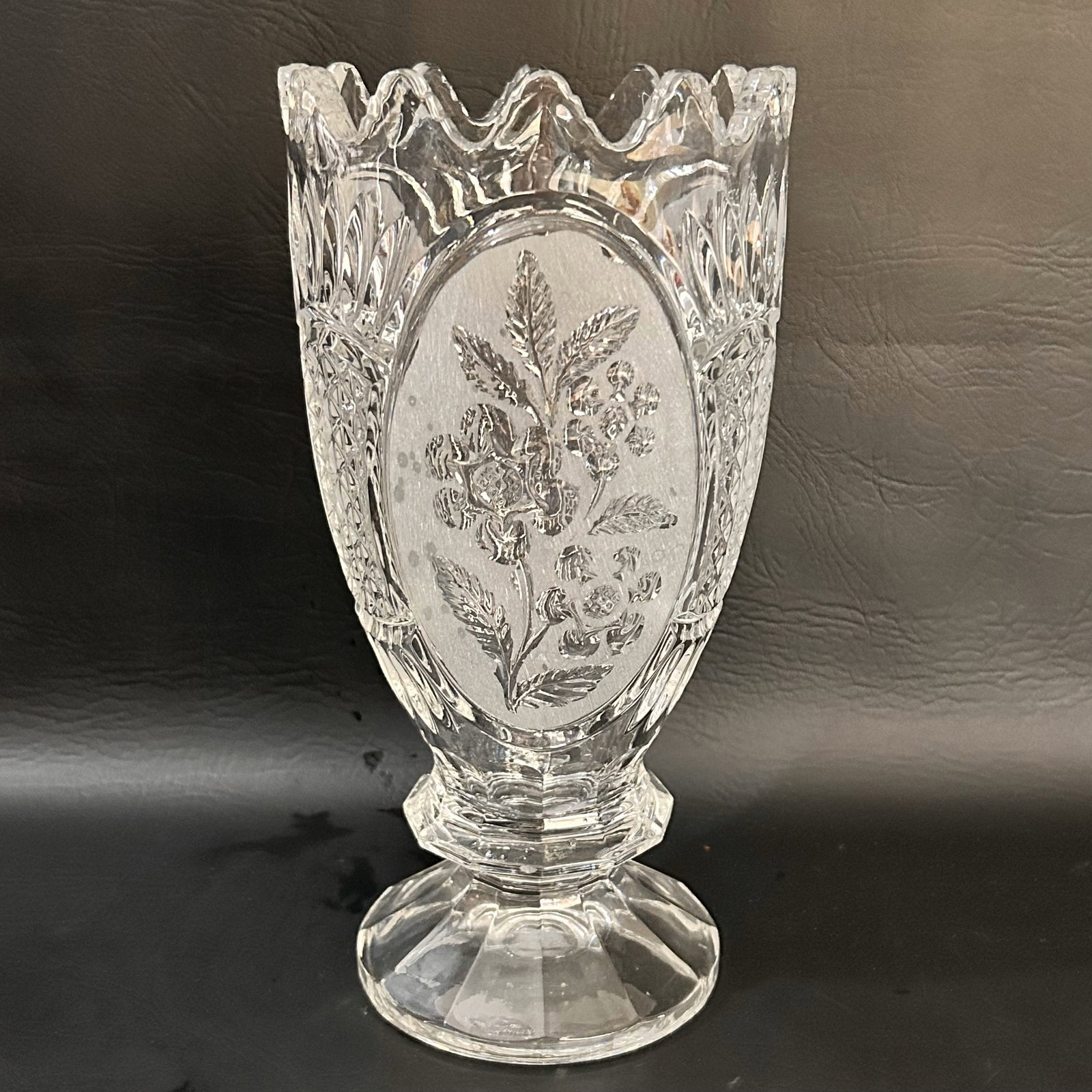 Rare 1970's Lead Crystal Footed Vase with Etched Floral Design on Frosted Panels, Made in Yugoslavia: W5in H10in