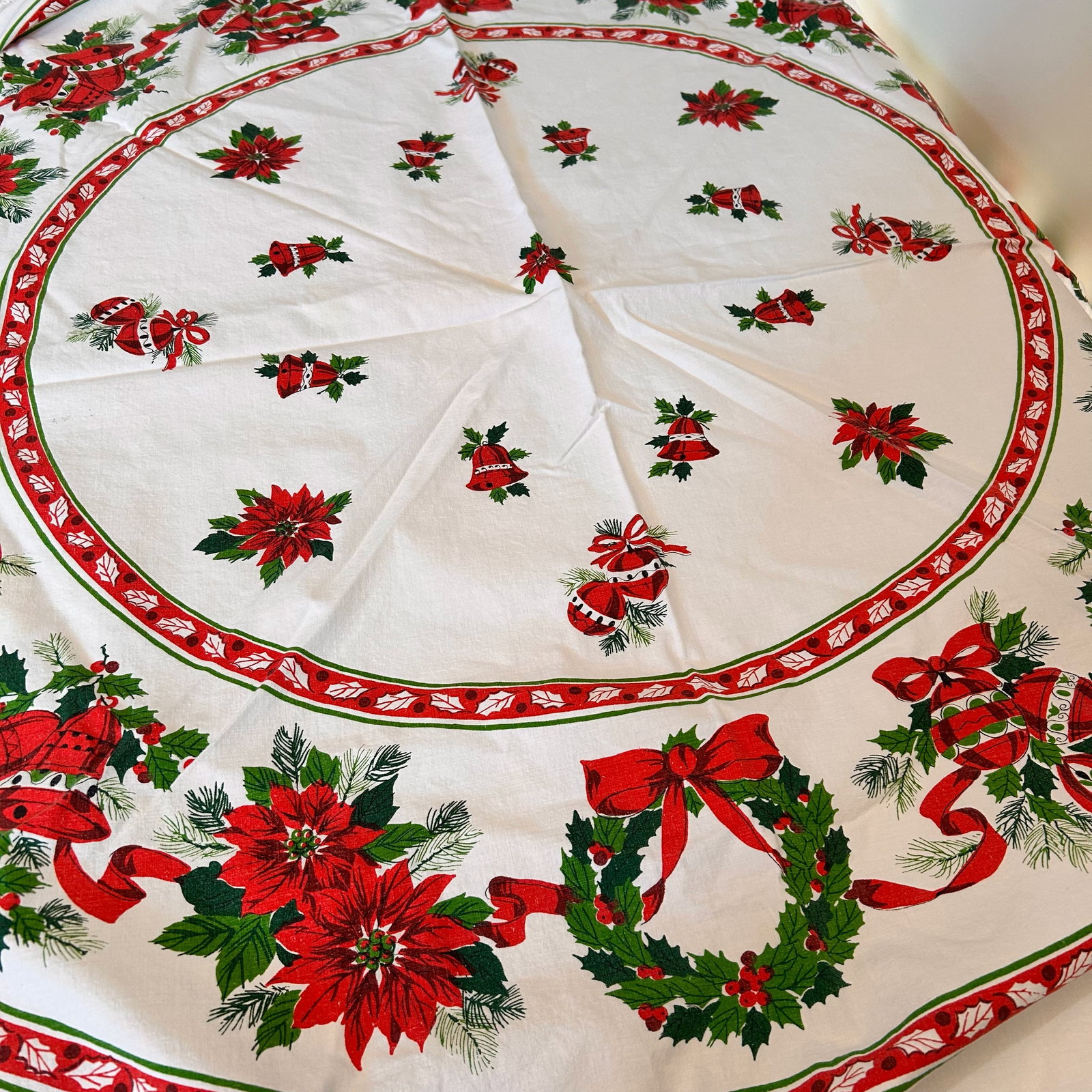 Vintage Circular Holiday Tablecloth with Fringed Edge: 56in