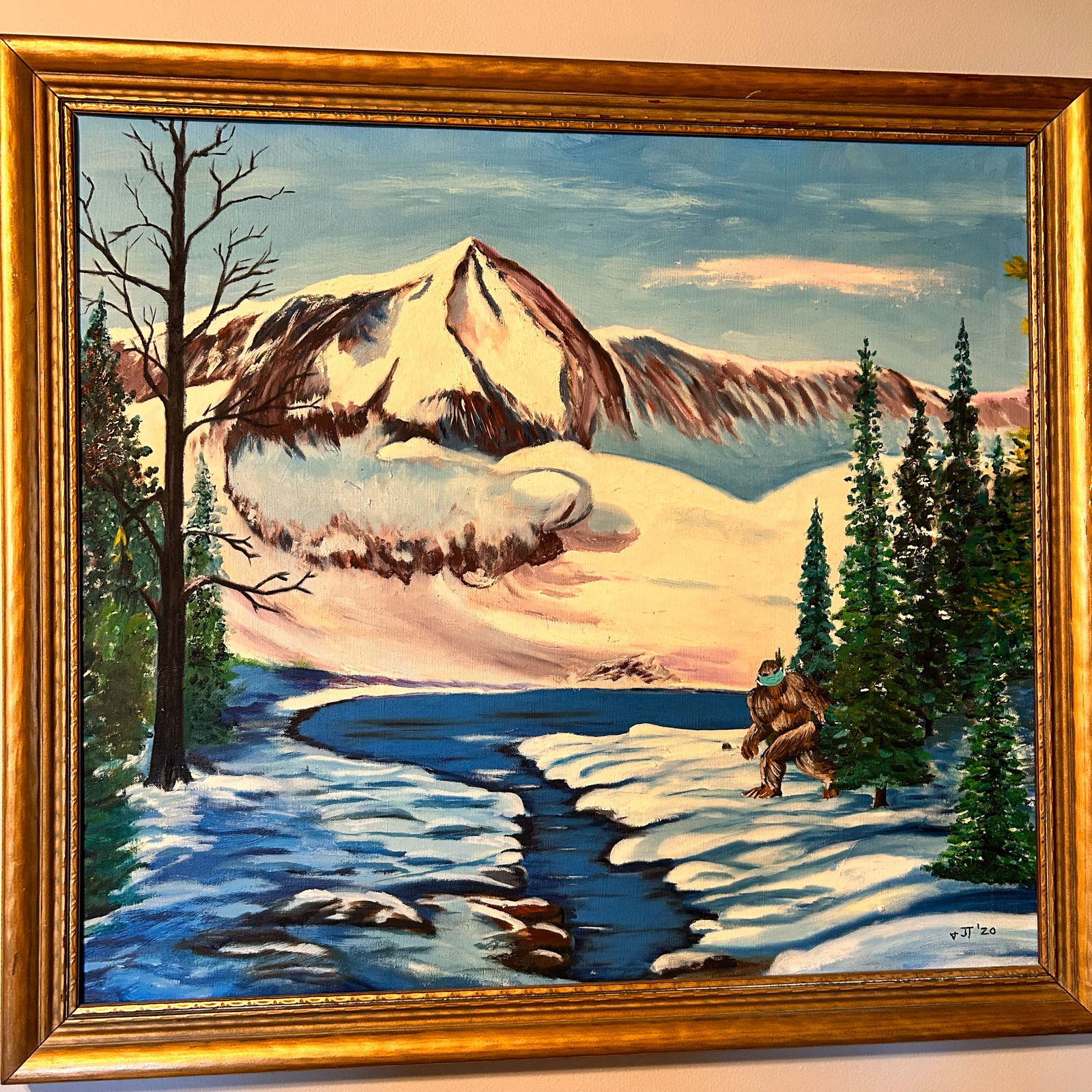 One of a Kind Original Painting featuring Bigfoot Wearing a Covid mask