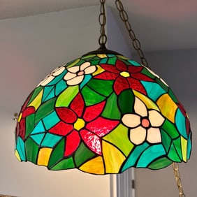 Vintage Tiffany Style Stained Glass Hanging Lamp & Table Lamp Pair, MADE IN MEXICO