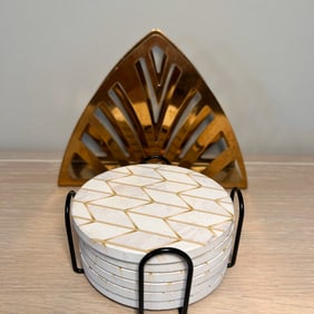 Modern Gold Themed Tableware Set, 6 Coasters and Napkin Holder