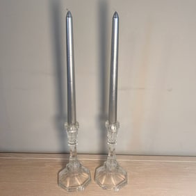 Pair of Vintage Glass Taper Candle Holders with Silver Candlesticks