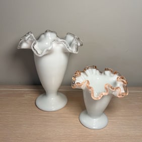 2 Piece Fenton Milk Glass Vase with Clear Ruffled Edge