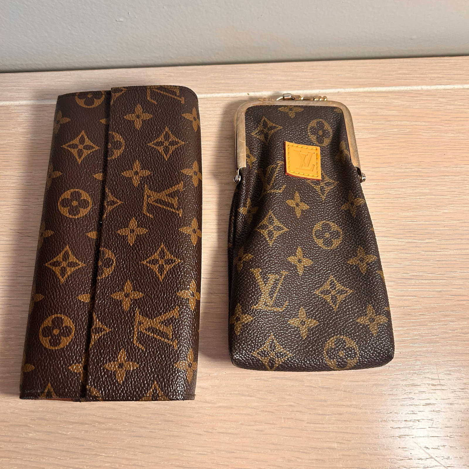 Faux Vintage Louis Vitton Tri-Fold Wallet and Clasp Coin Purse/ Glasses Case: Wallet: W7.5in H3.5in D1in, Coin Pouch: W3.5in H7.5in D0.5in