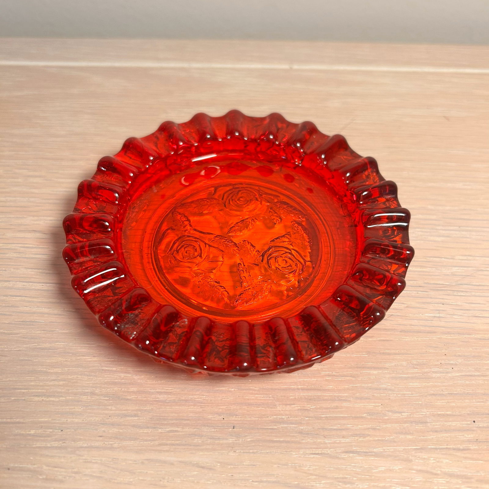 Vintage Fostoria Ruby Red Ashtray with Embossed Rose Pattern (1 of 3)