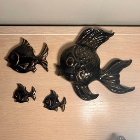 Midcentury Black & Gold Ceramic Pottery Wall Hanging Fish, MADE IN JAPAN