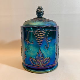 Blue Indiana Carnival Glass Canister Harvest Grape Candy Dish Iridescent Peacock Blue