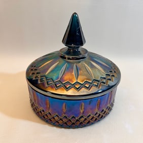 Blue Indiana Carnival Glass Lidded Candy Dish Windsor Cut Glass Style Iridescent Peacock Blue