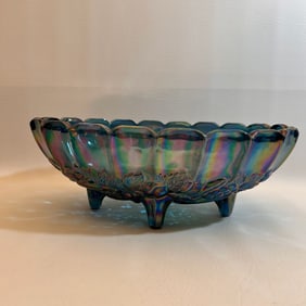 Blue Indiana Carnival Glass Footed Fruit Bowl Harvest Grape Iridescent Peacock Blue