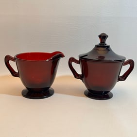 Vintage Royal Ruby Red Cream & Sugar Set Anchor Hocking