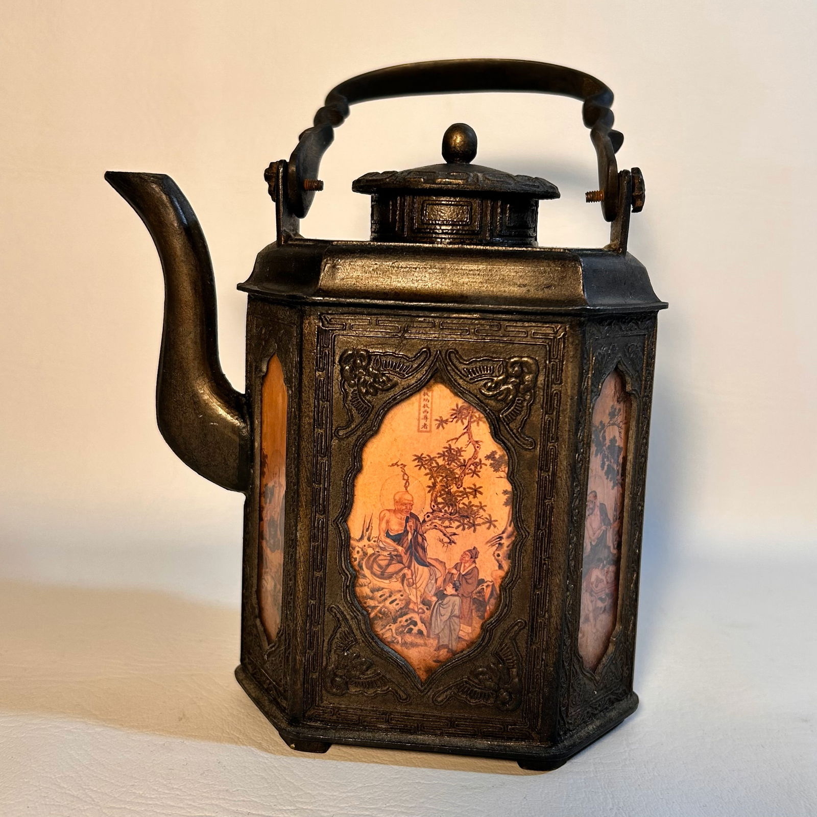 1960's Chinese Pewter Reverse Painted Tea Pot, Bronze Finish (1 of 5)