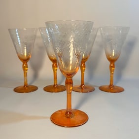Set of 5 Etched Glass Water/ Wine Goblets with Orange Ombre Stem