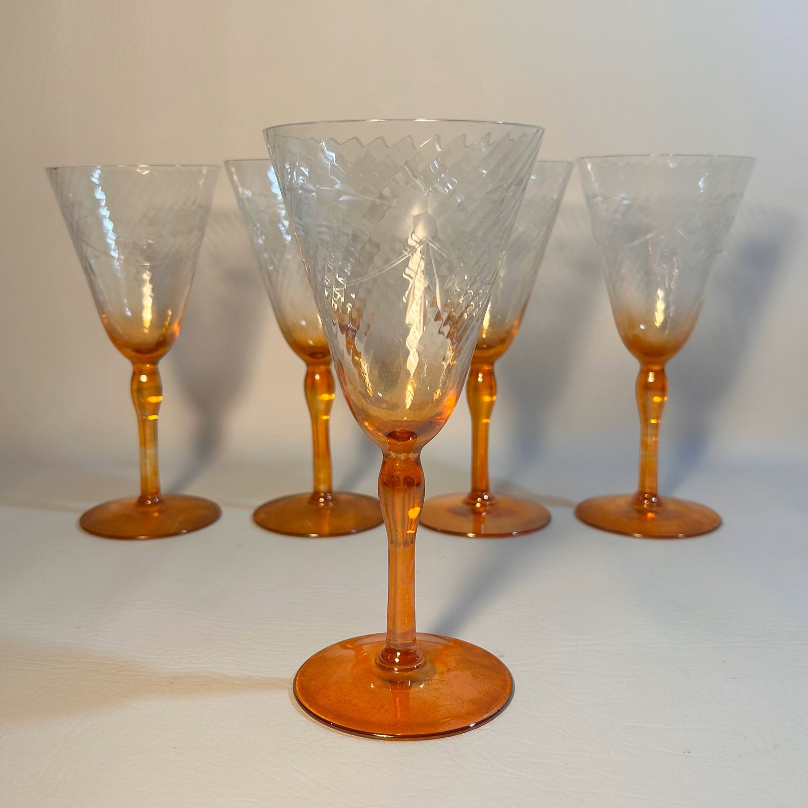 Set of 5 Etched Glass Water/ Wine Goblets with Orange Ombre Stem: 1: W3.25in H7.25in