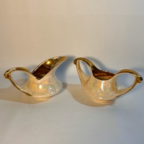 Art Deco Vintage Pearl China Co 22k Gold Handpainted Lusterware Sugar & Cream Set, USA MADE