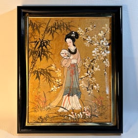 Vintage Geisha Girl Floral Watercolor on Cork Hanging Art