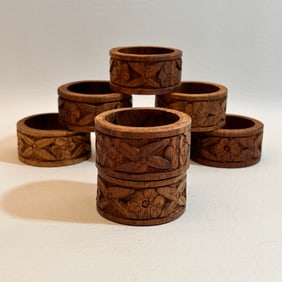 Vintage Carved Wood Floral Napkin Rings (8)