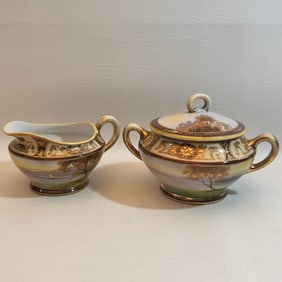1920's Antique Handpainted Noritake Cream & Sugar Set, Tree in the Meadow