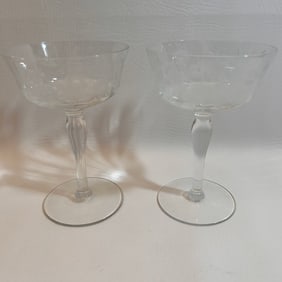 Vintage Floral Etched Stemmed Sherbert Glass Pair