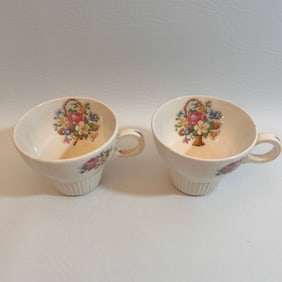 Salem China Victory Basket Tea Cup Pair with Cross-Stitch Floral Pattern