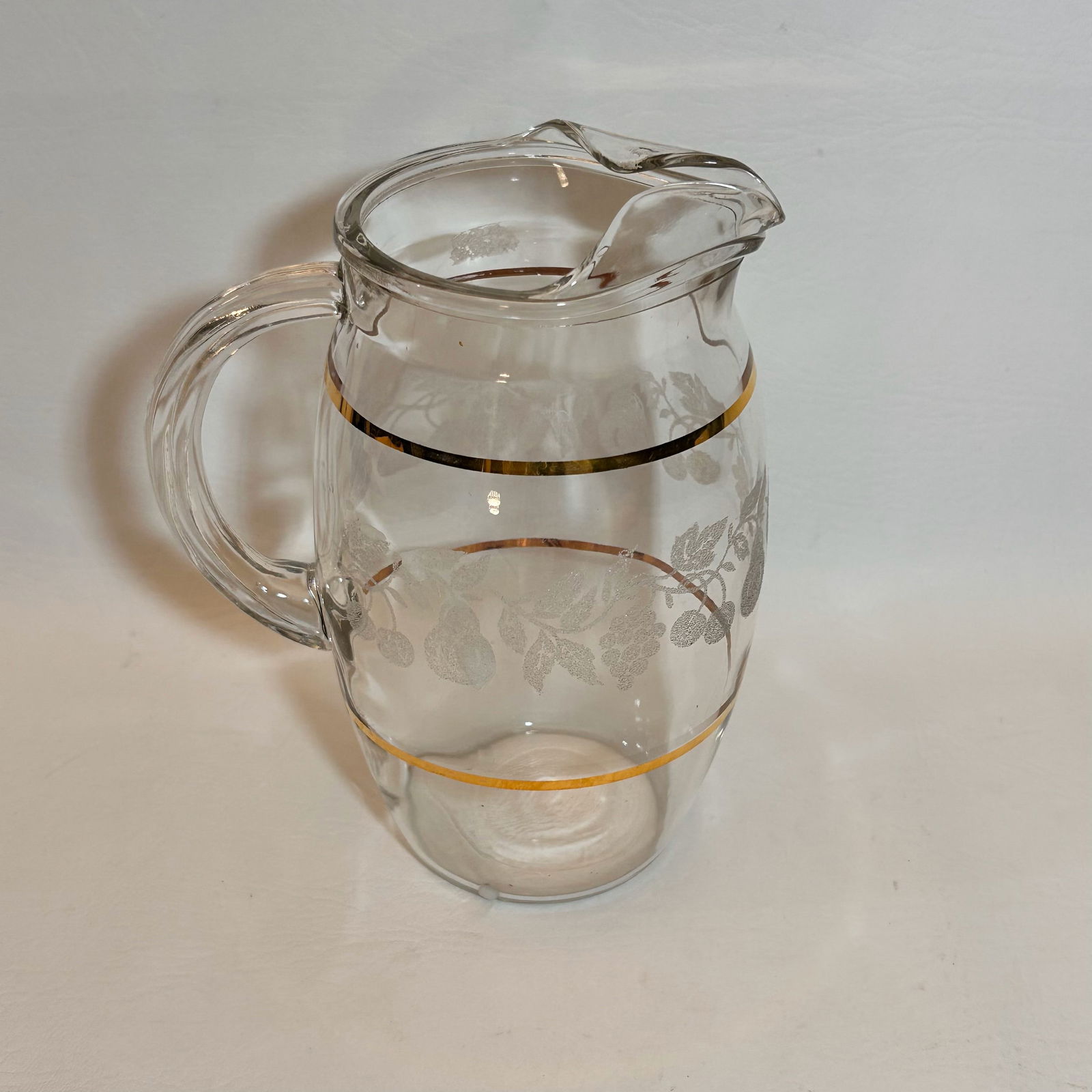 Vintage Bartlett Collins Juice Pitcher with Etched Fruit Pattern and Gold Trim (1 of 2)