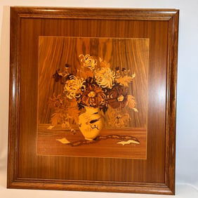 Vintage Chrysanthemum Still Life Wood Inlay Art by B&G, MADE IN GERMANY