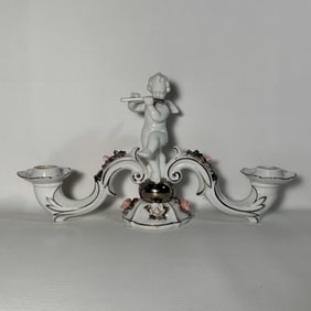 Midcentury DRESDEN Porcelain Cherub & Flute Candalabra Pair with Silver Accents, MADE IN GERMANY