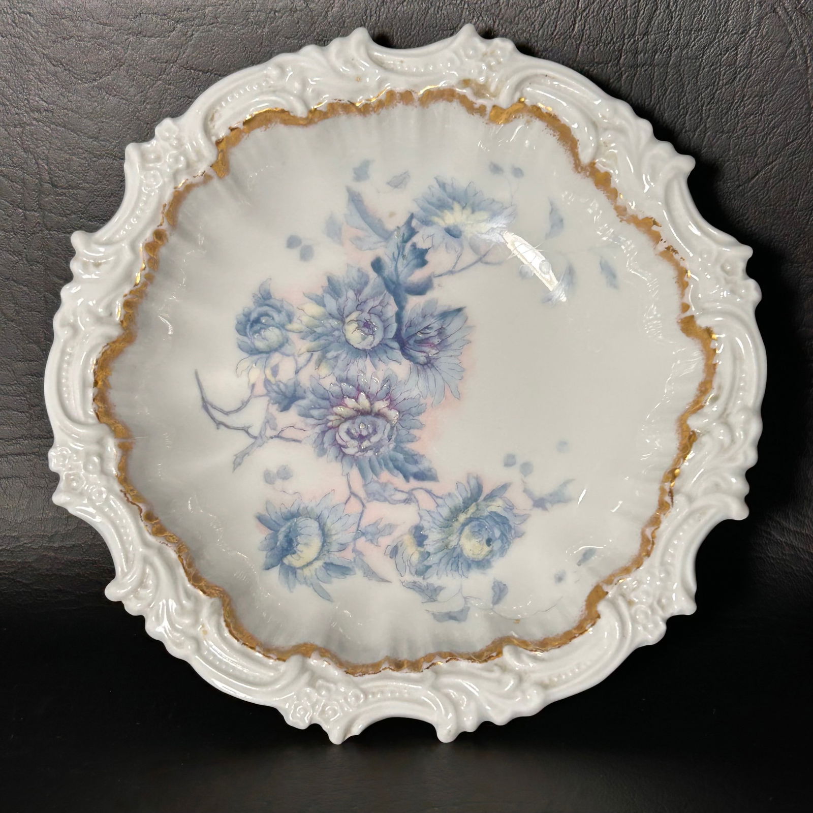 Antique French Porcelain Dish with Beautiful Embossed Edge, 24k Gold and Blue Peony Desgin (1 of 3)