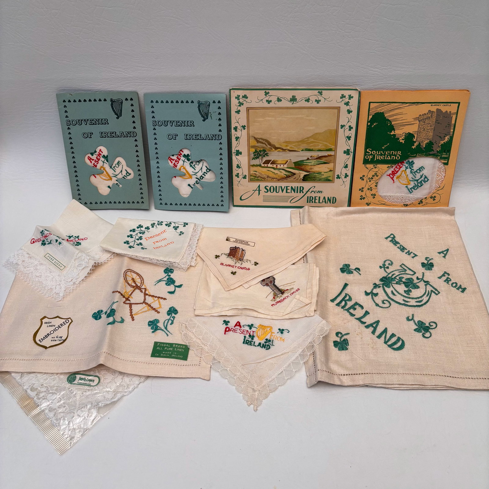 Vintage Ireland Souvenier Linens- 2 Tablecenters, 6 Hankerchiefs and 4 with Original Package: These would make great party favors on St. Patrick's Day! W7in H1.75in D6.5in