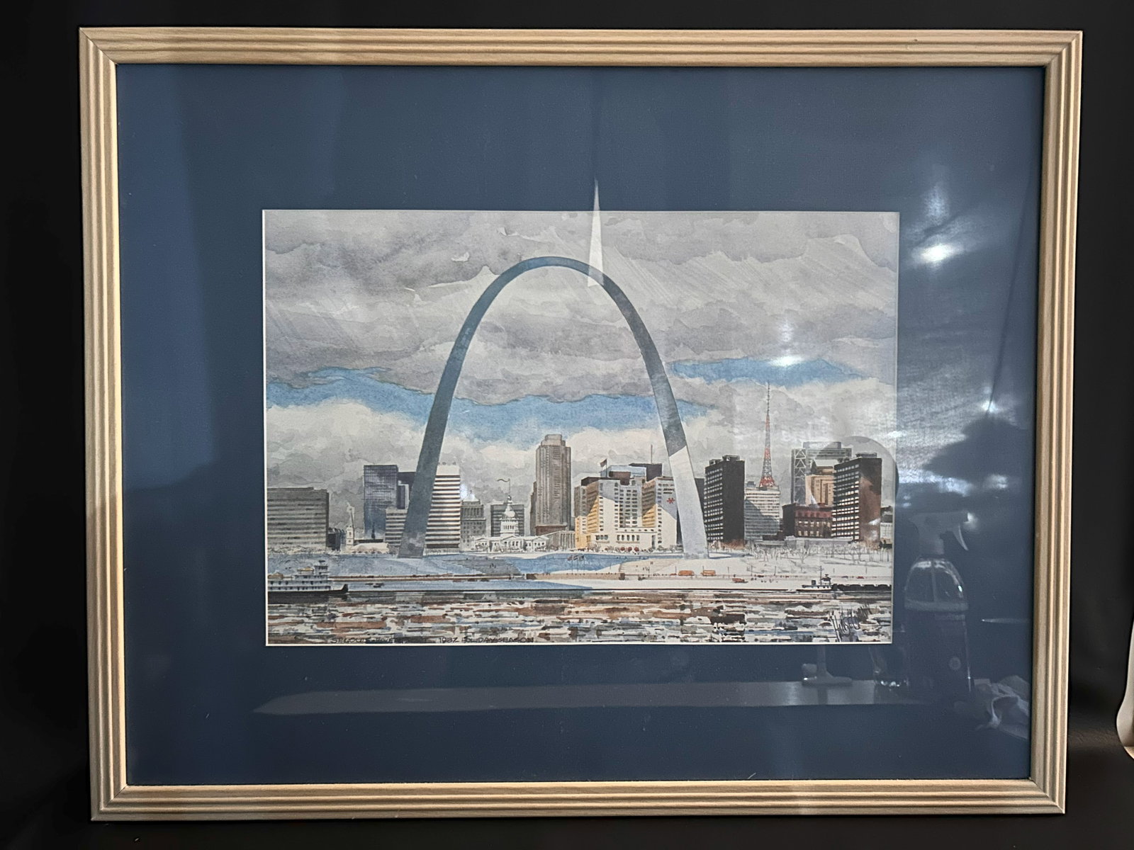 St. Louis Skyline Watercolor Print by Robert Hanselmann with Blue Mat in White Wooden Frame (1 of 3)