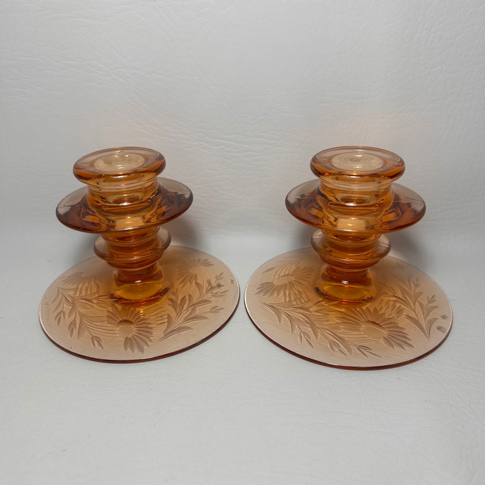 Fostoria Depression Amber Glass Candlestick Pair Peach Orange Candle Holders (1 of 4)