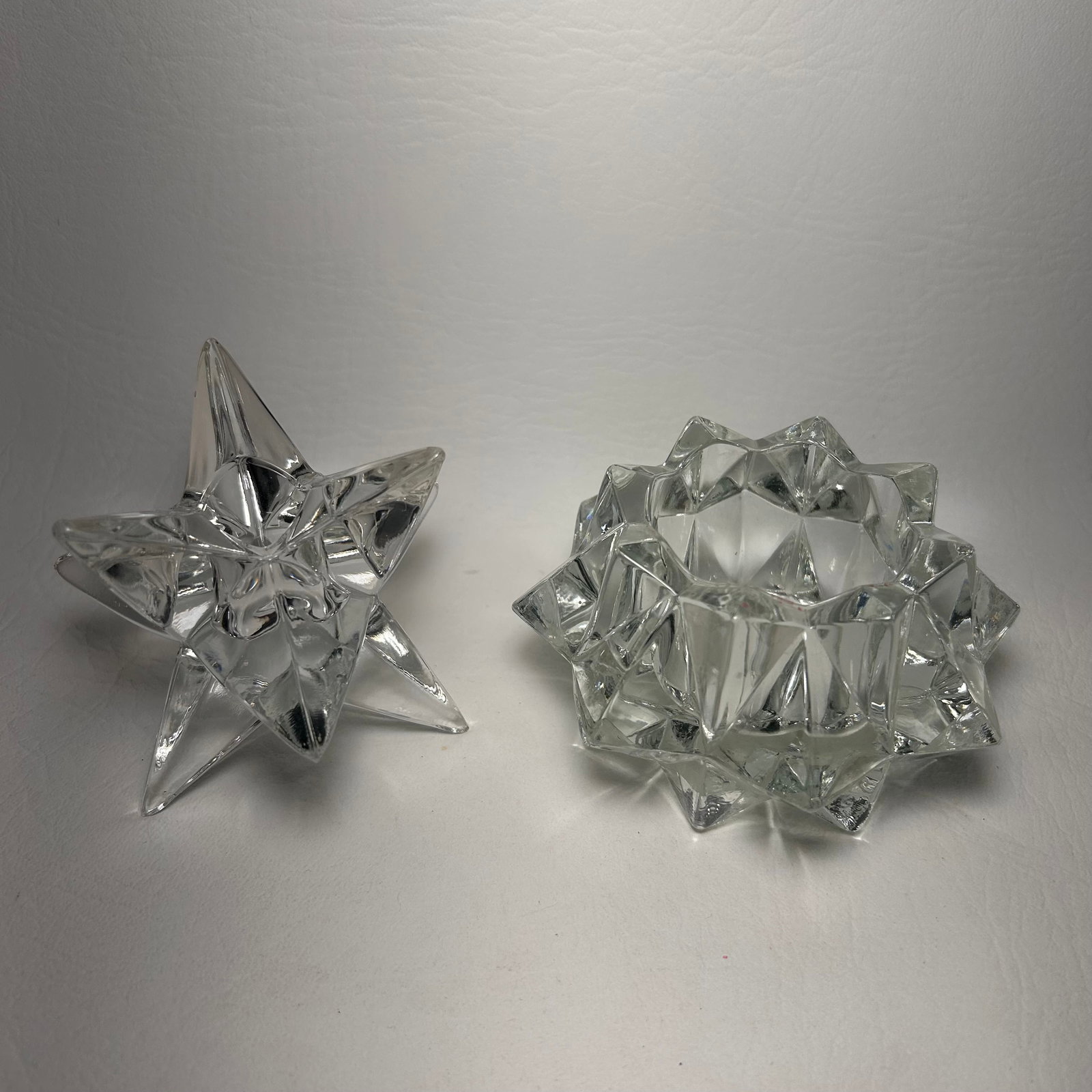 Crystal Taper Candle Holder Pair: Octagon: W4.25in H2.25in Spikey: W3.25in H3in