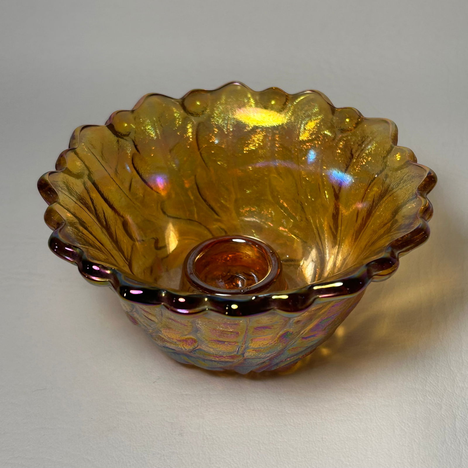Vintage 1970s Indiana Carnival Glass Taper Candle Holder Dish in Marigold: W4.5in H2.5in