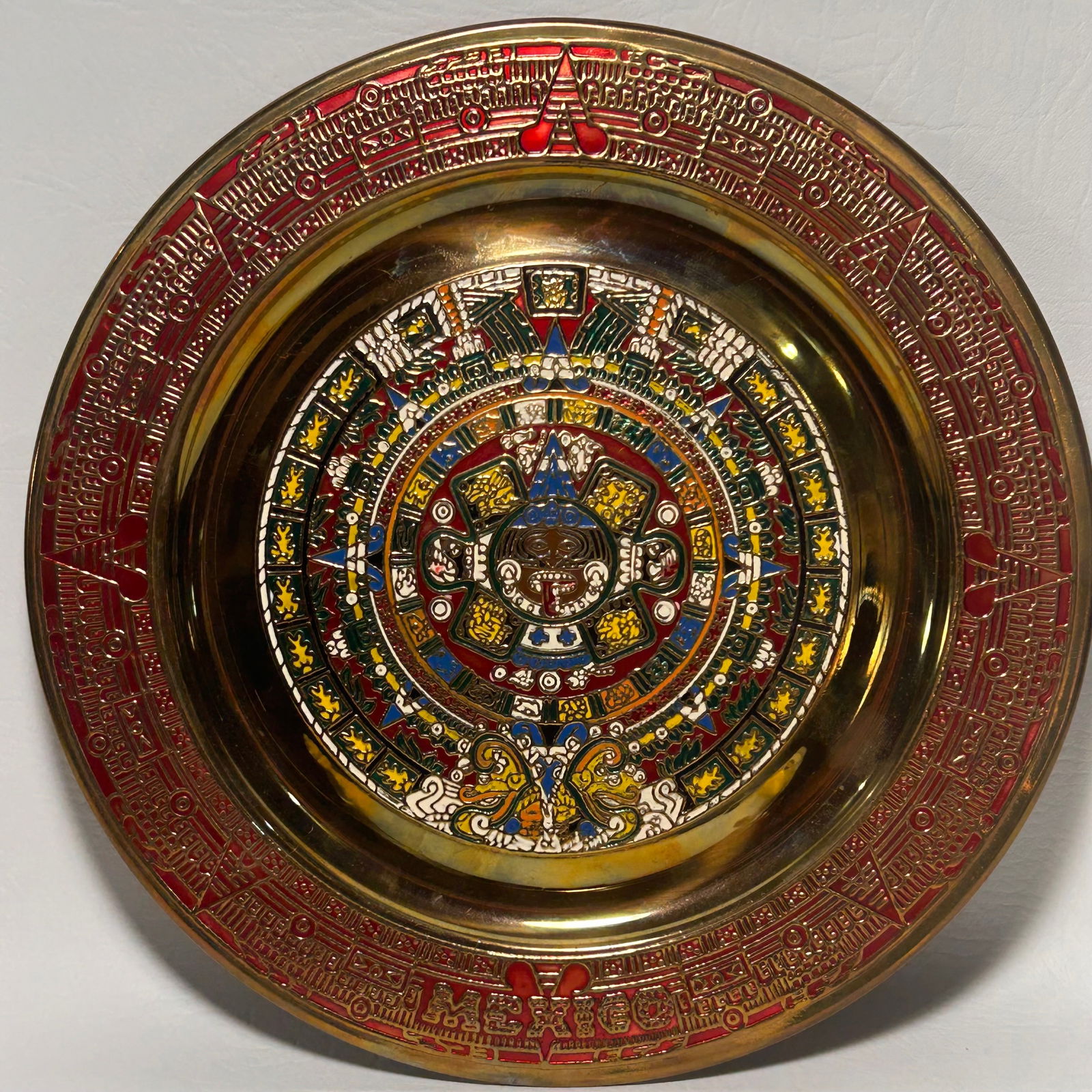 Vintage Enameled Brass Mayan Aztec Calendar Wall Plate (1 of 3)