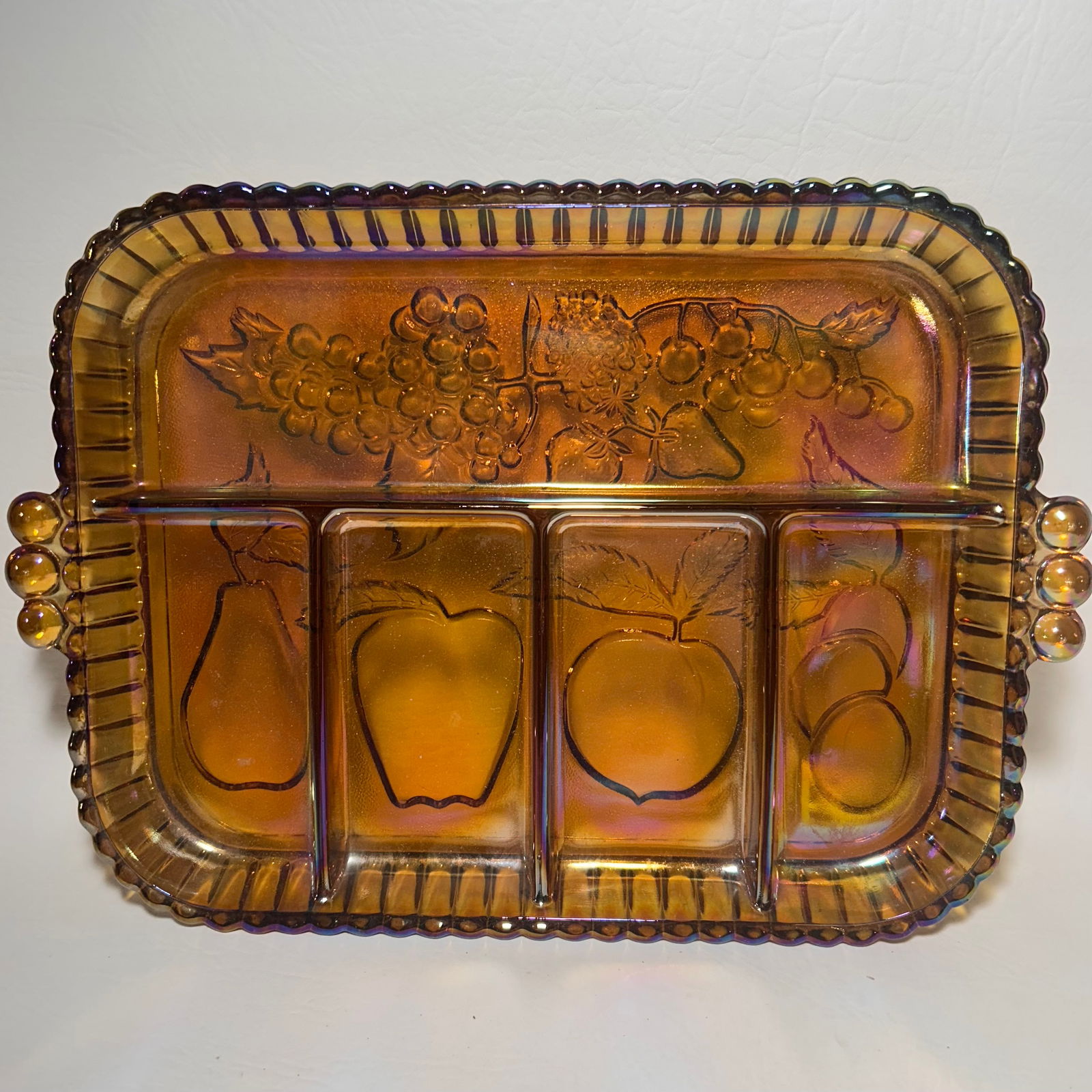 Vintage Amber Indiana Glass Fruit Motif Divided Serving Platter (1 of 6)