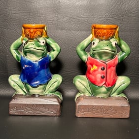 Vintage Ceramic Frog Candle Holder Pair
