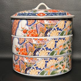 Vintage Japanese 3-Tiered Porcelain Container Set with Lid