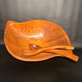 MCM Monkey Pod Wood Leaf Shaped Salad Set