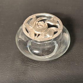 1980's Pewter Hummingbird Glass Potpourri Dish