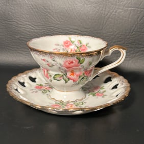 Vintage Rose Pattern Tea Cup and Saucer with Gold Rim