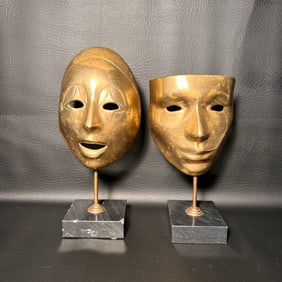 Vintage Standing Brass Clown/ Masquerade Mask Pair with Stone Base