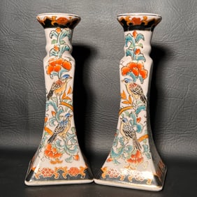 Vintage Porcelain Hand Painted Love Bird Candlestick Holder Pair