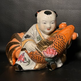 Vintage Ceramic Oriental Man with Coi Fish Figurine