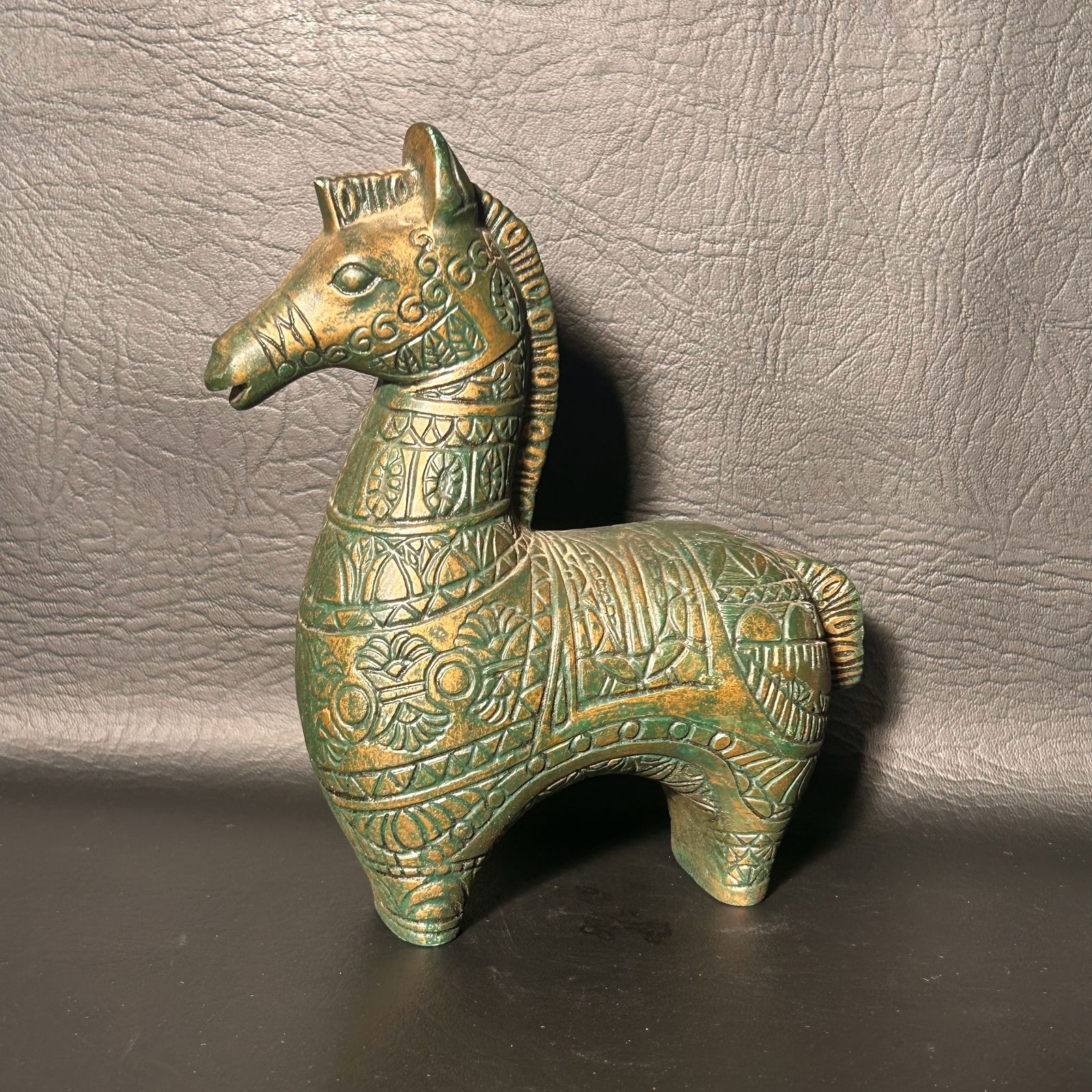 Ceramic Gold & Green Bitossi Style Horse Figurine: W2.5in H6.5in D6in