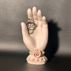 Vintage Handpainted Ceramic Dainty Hand & Flower Figurine, JAPAN